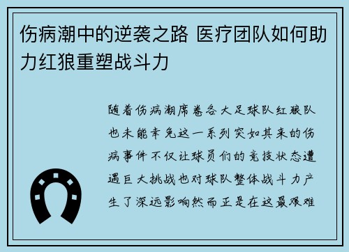 伤病潮中的逆袭之路 医疗团队如何助力红狼重塑战斗力