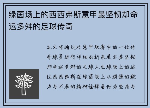 绿茵场上的西西弗斯意甲最坚韧却命运多舛的足球传奇