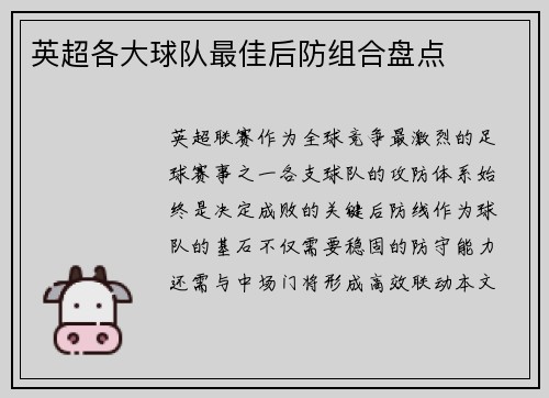英超各大球队最佳后防组合盘点
